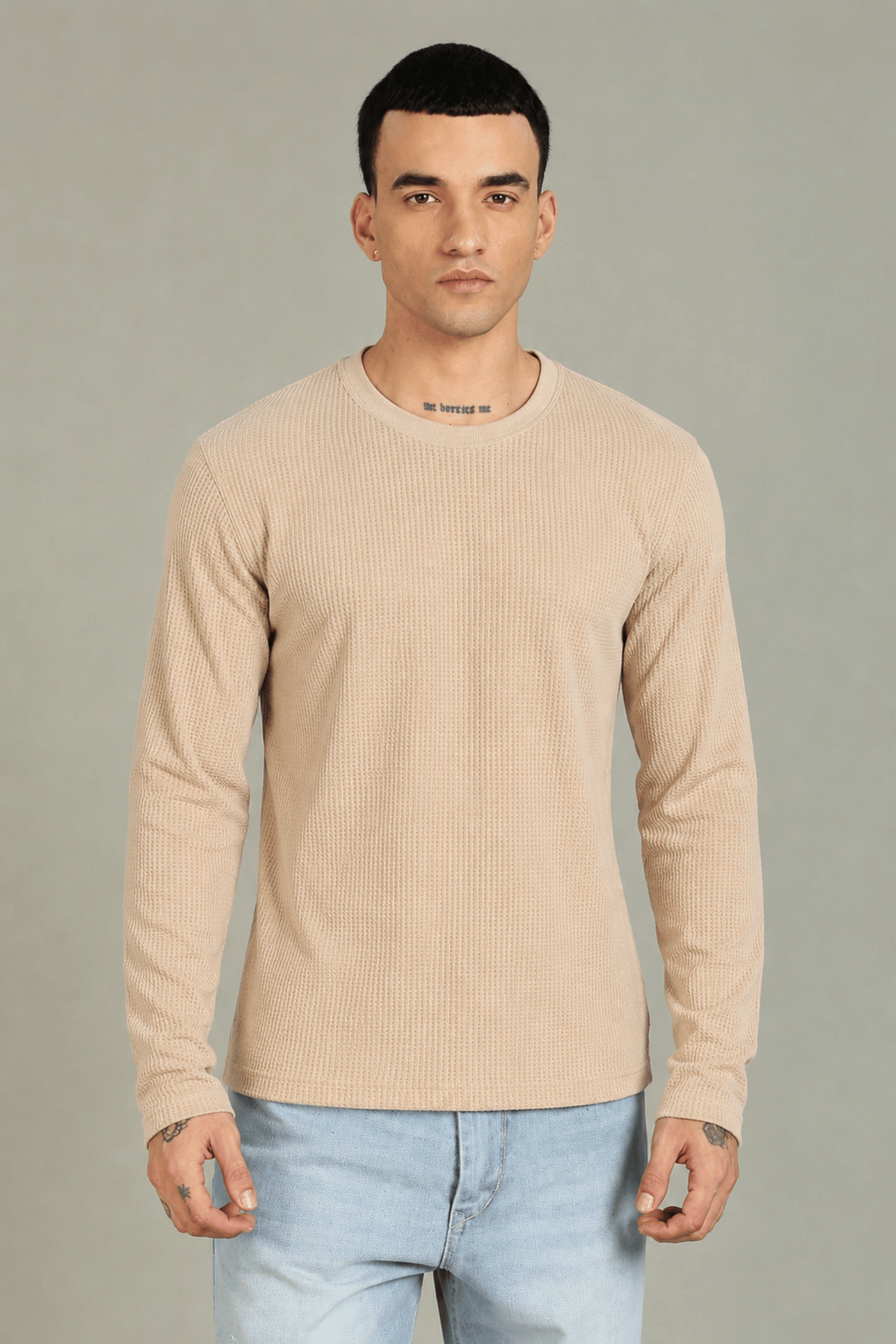 Beige Textured Full Sleeve Tee