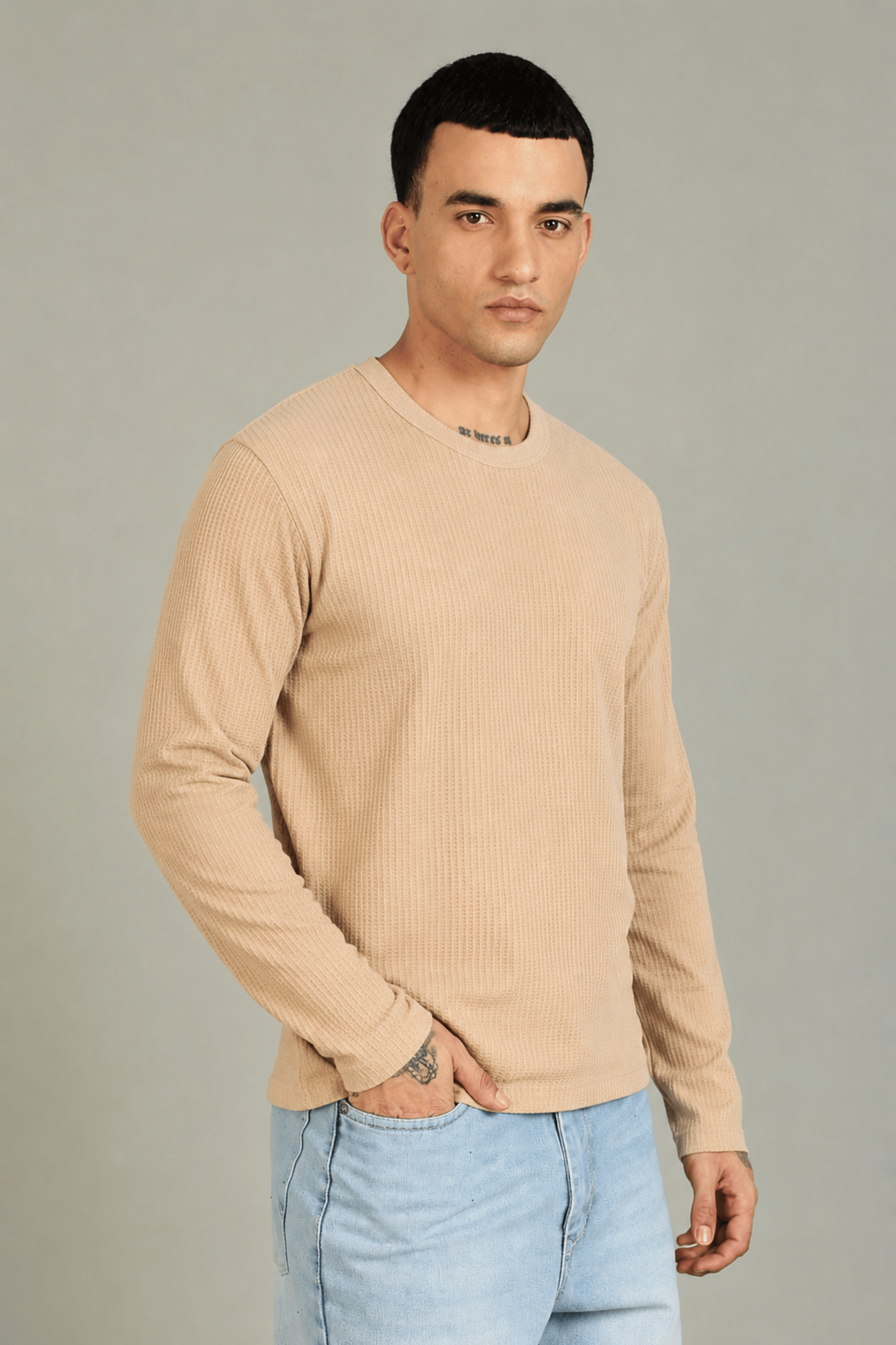 Beige Textured Full Sleeve Tee