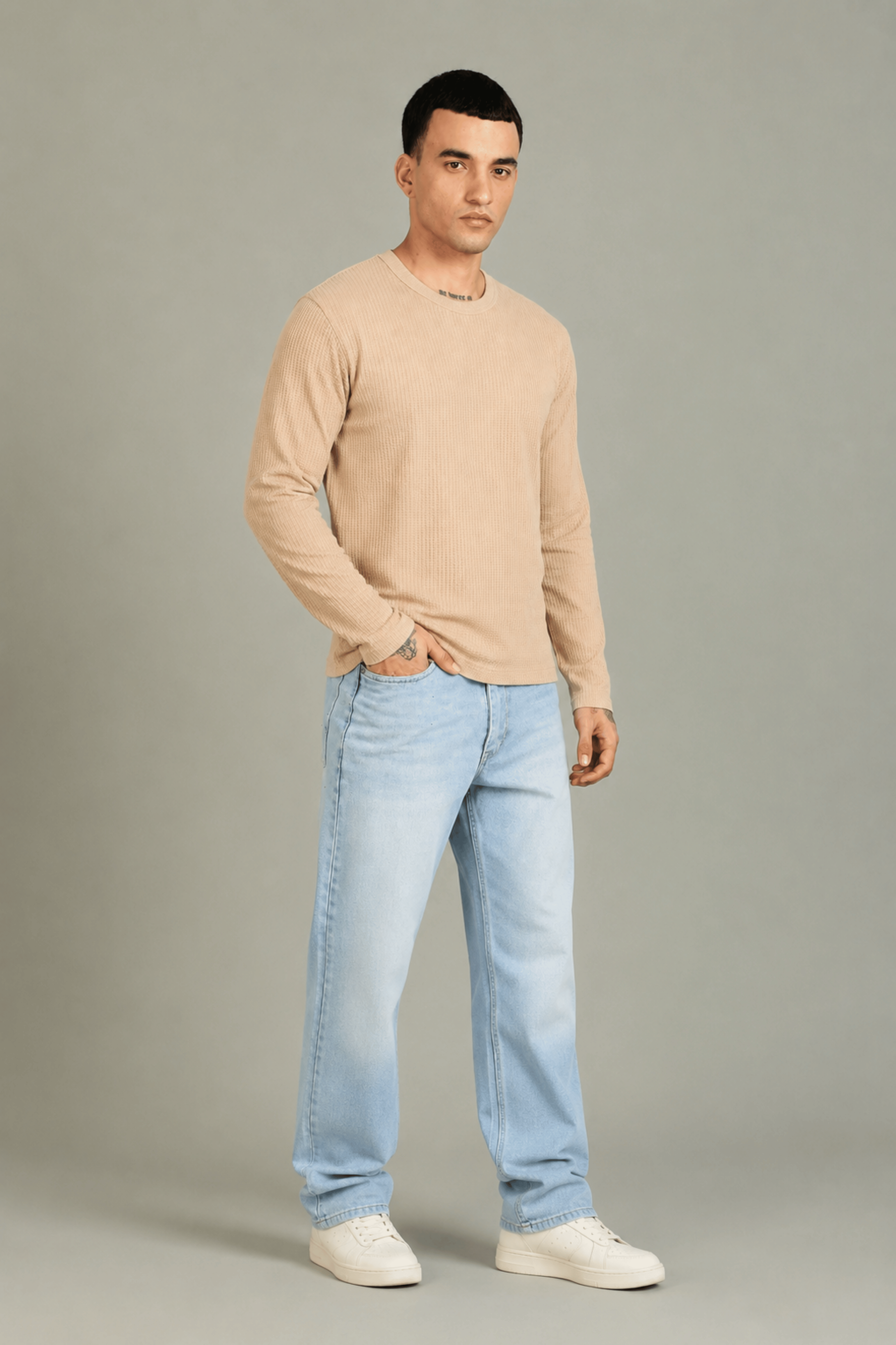 Beige Textured Full Sleeve Tee