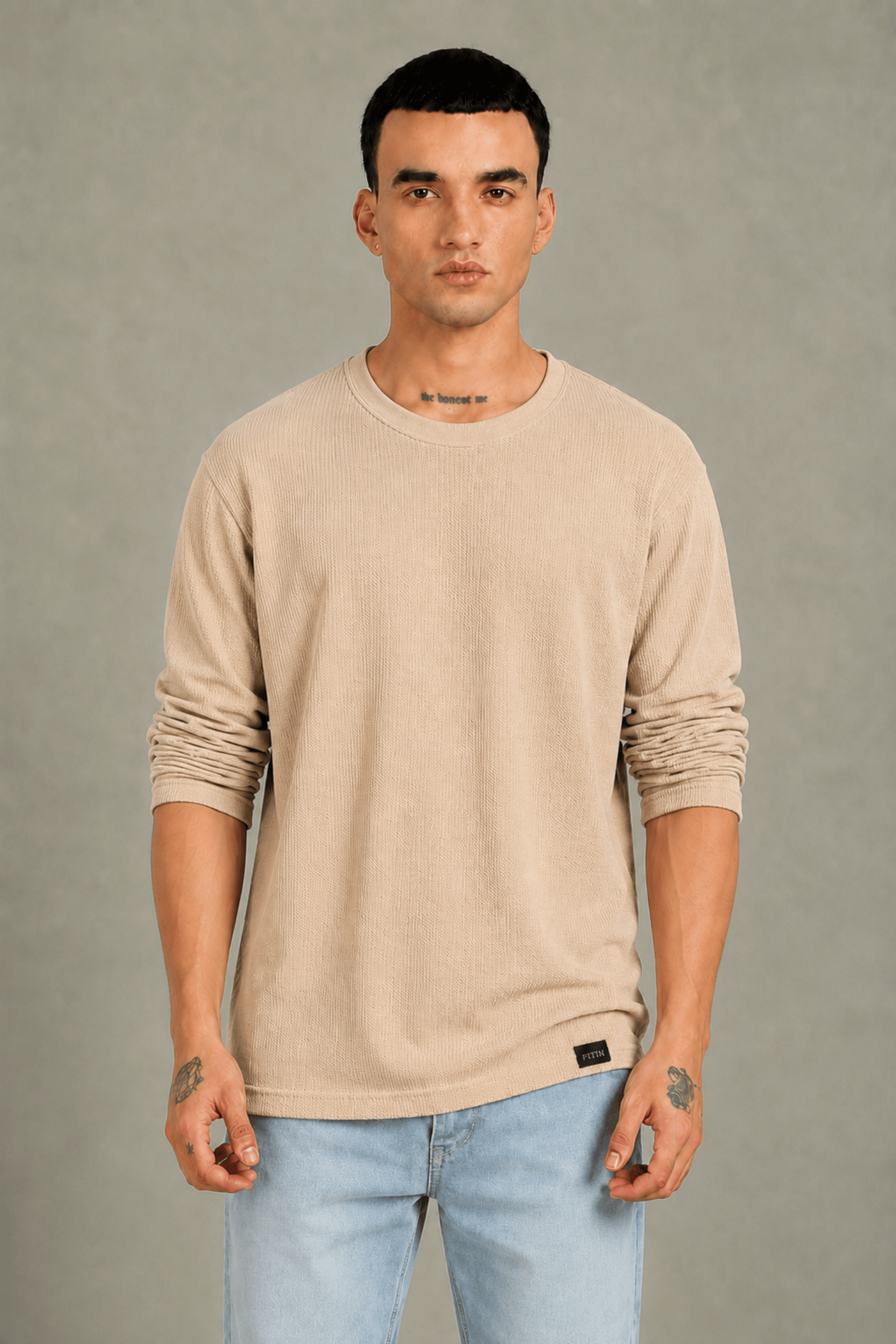 Beige Textured Full Sleeve Tee