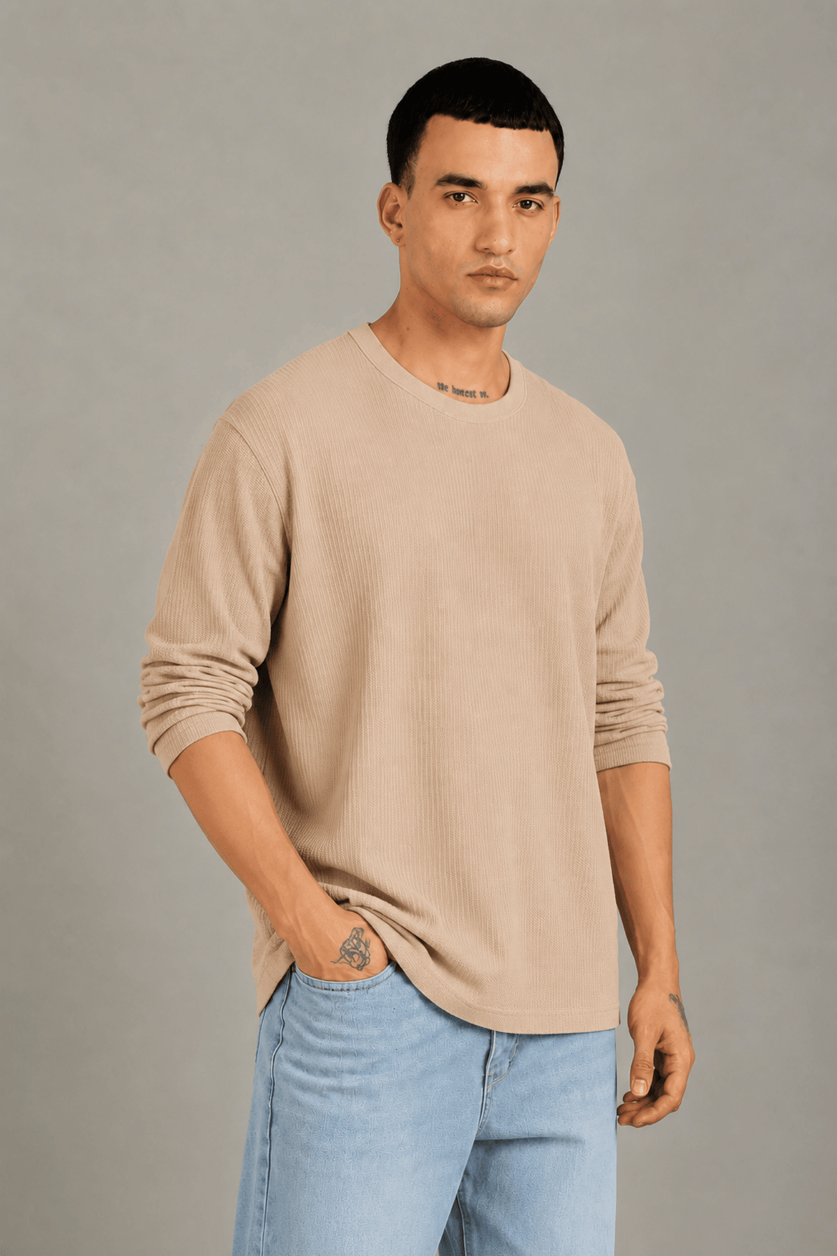 Beige Textured Full Sleeve Tee