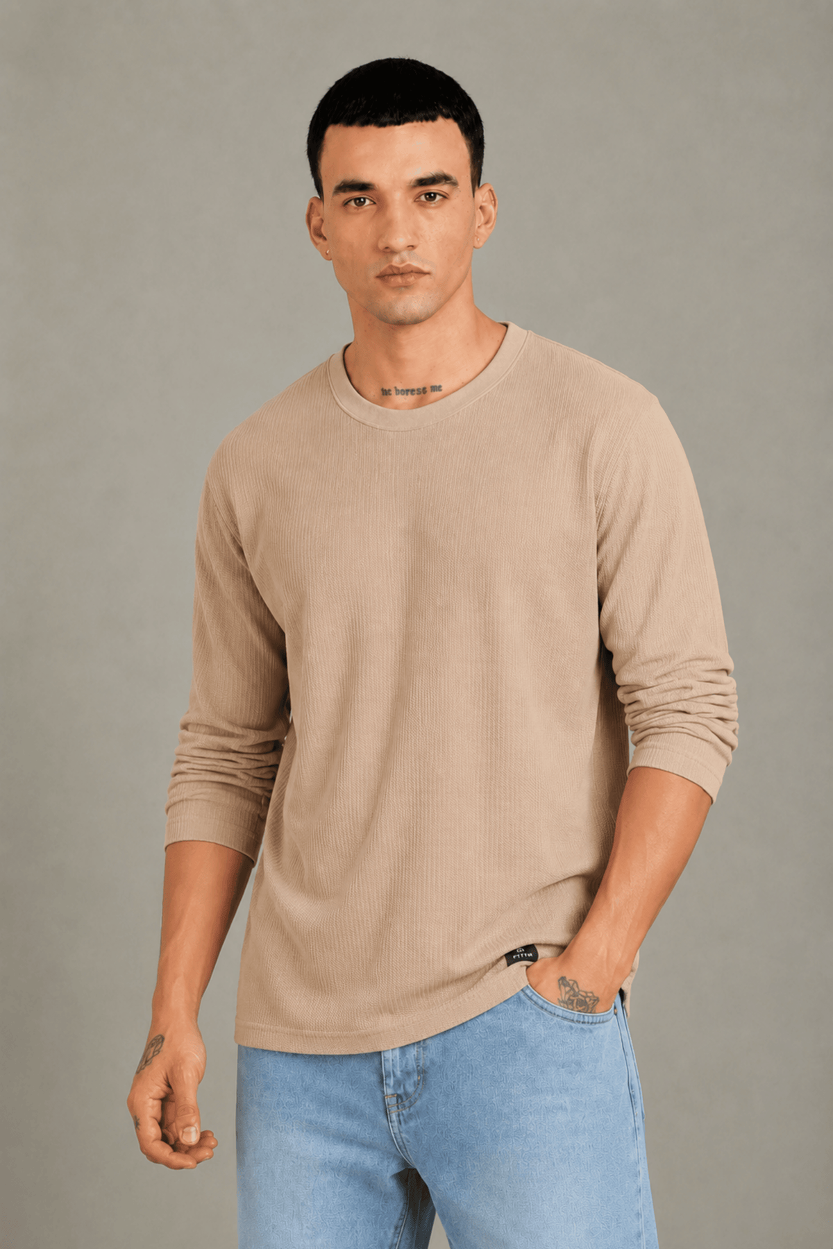 Beige Textured Full Sleeve Tee