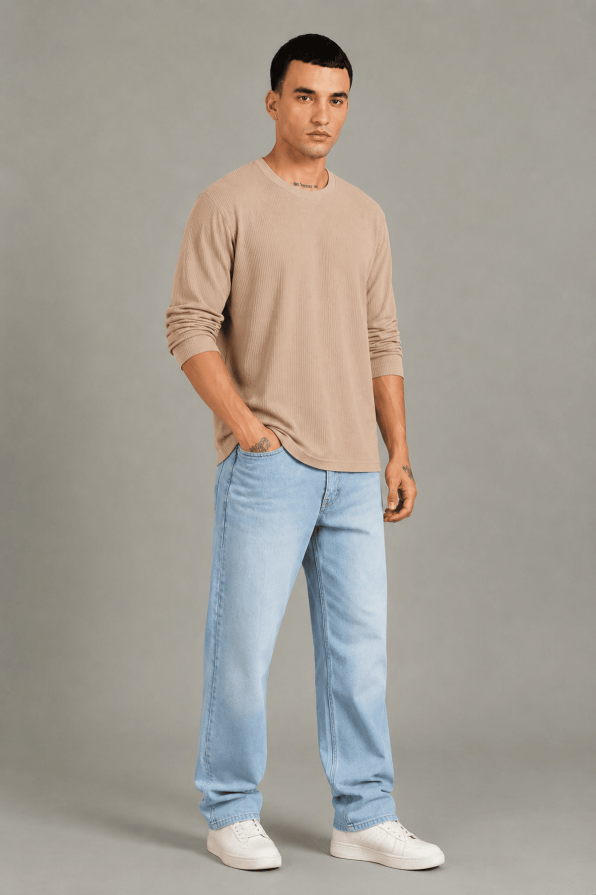Beige Textured Full Sleeve Tee
