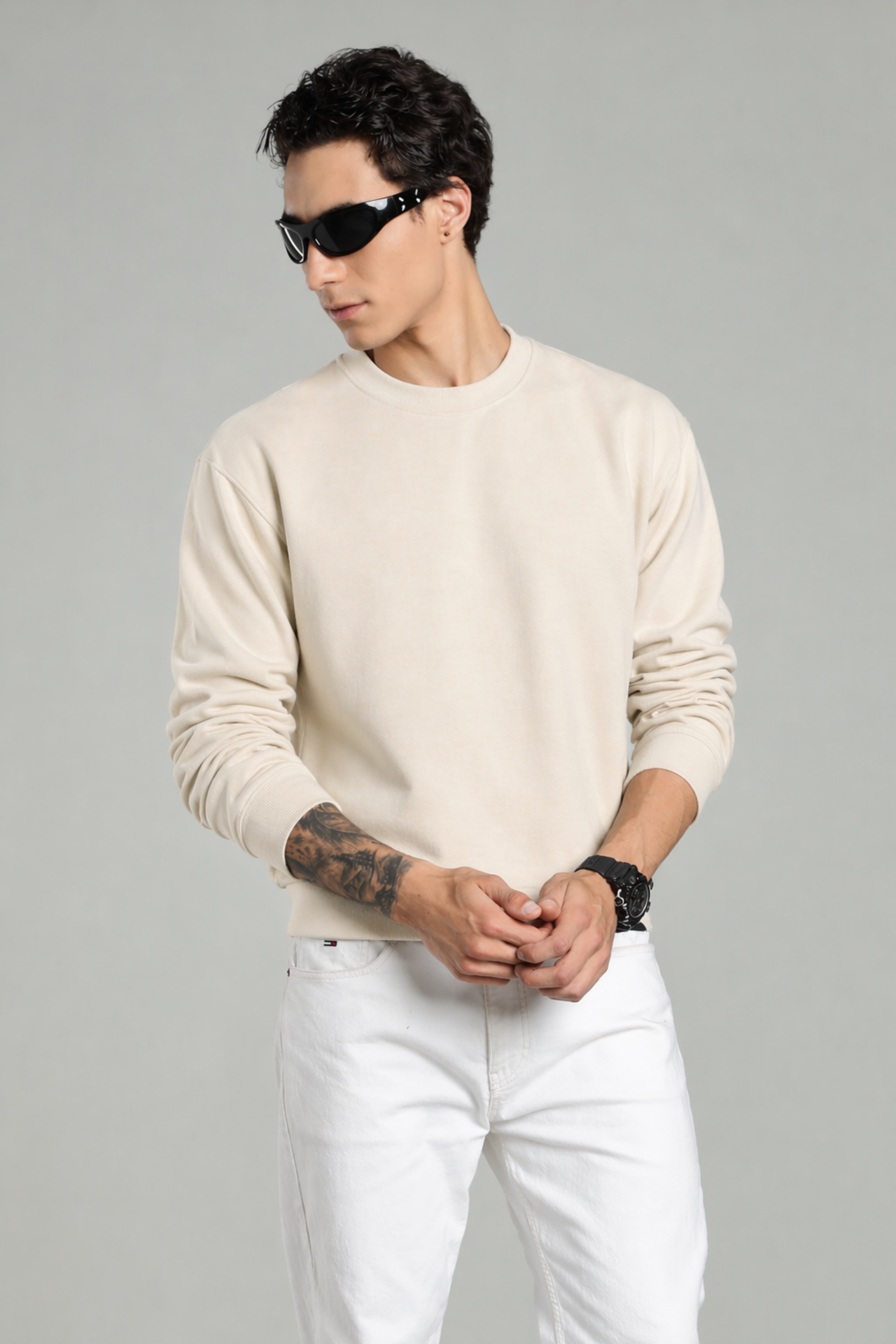 Beige Solid Sweatshirt