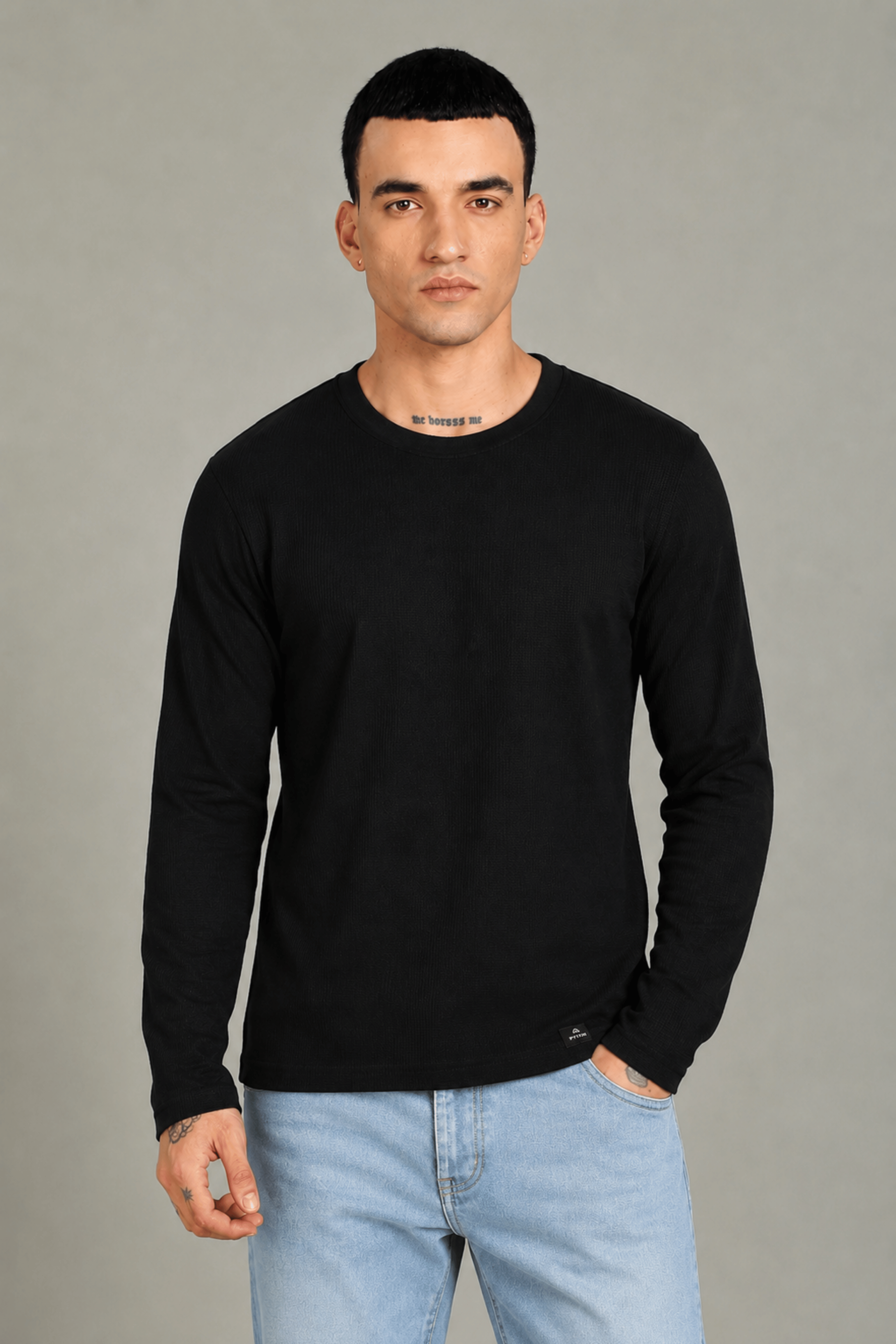 Black Textured Full Sleeve Tee