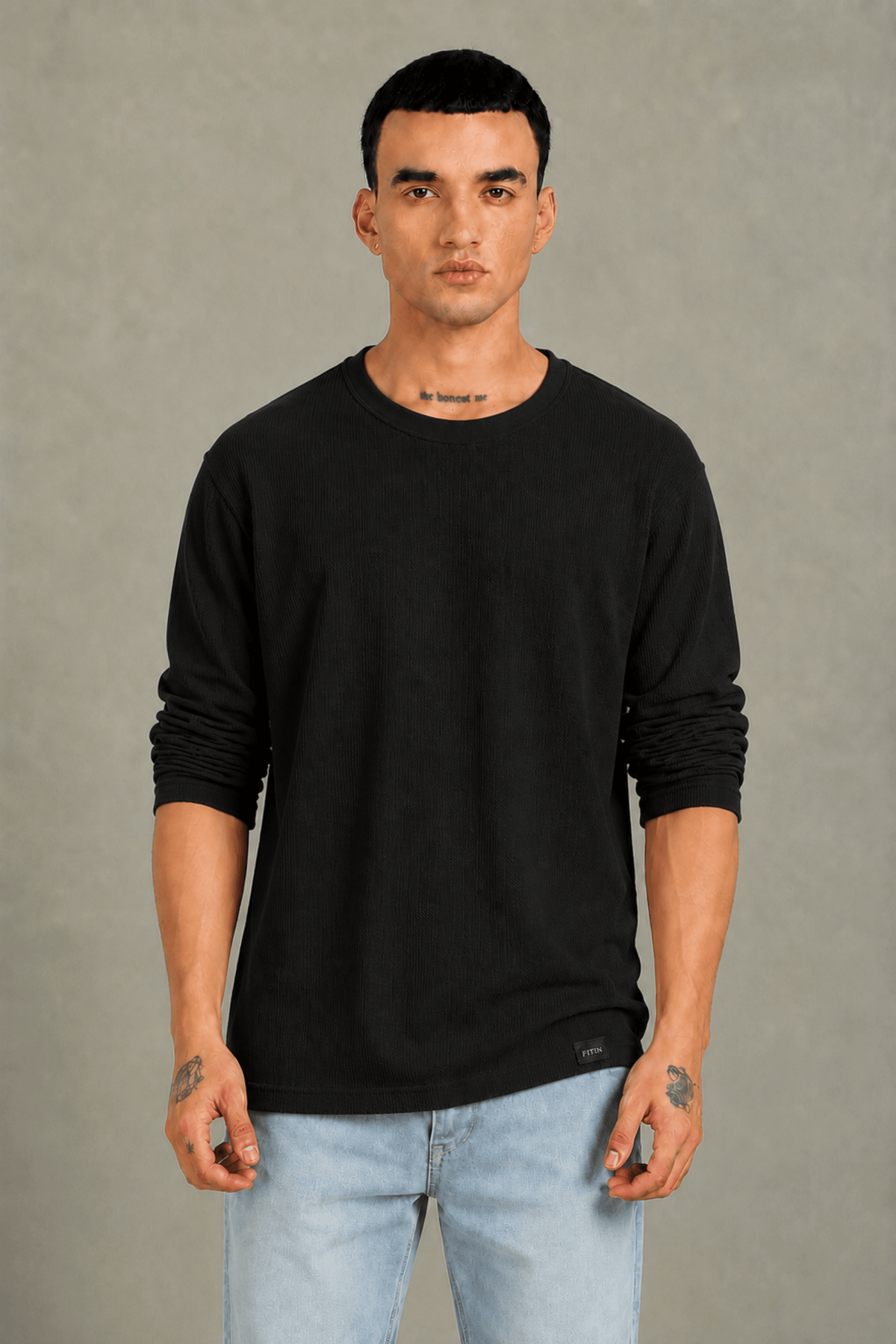 Black Textured Full Sleeve Tee