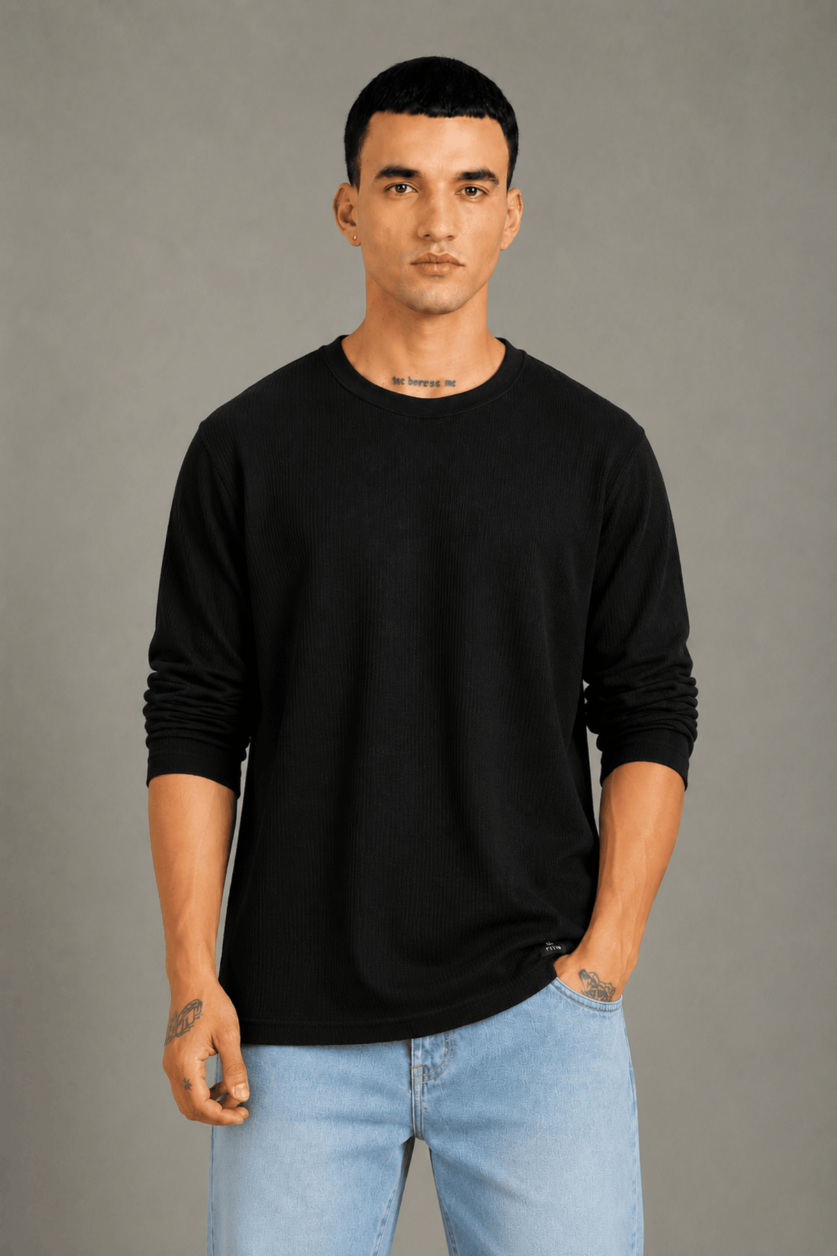 Black Textured Full Sleeve Tee
