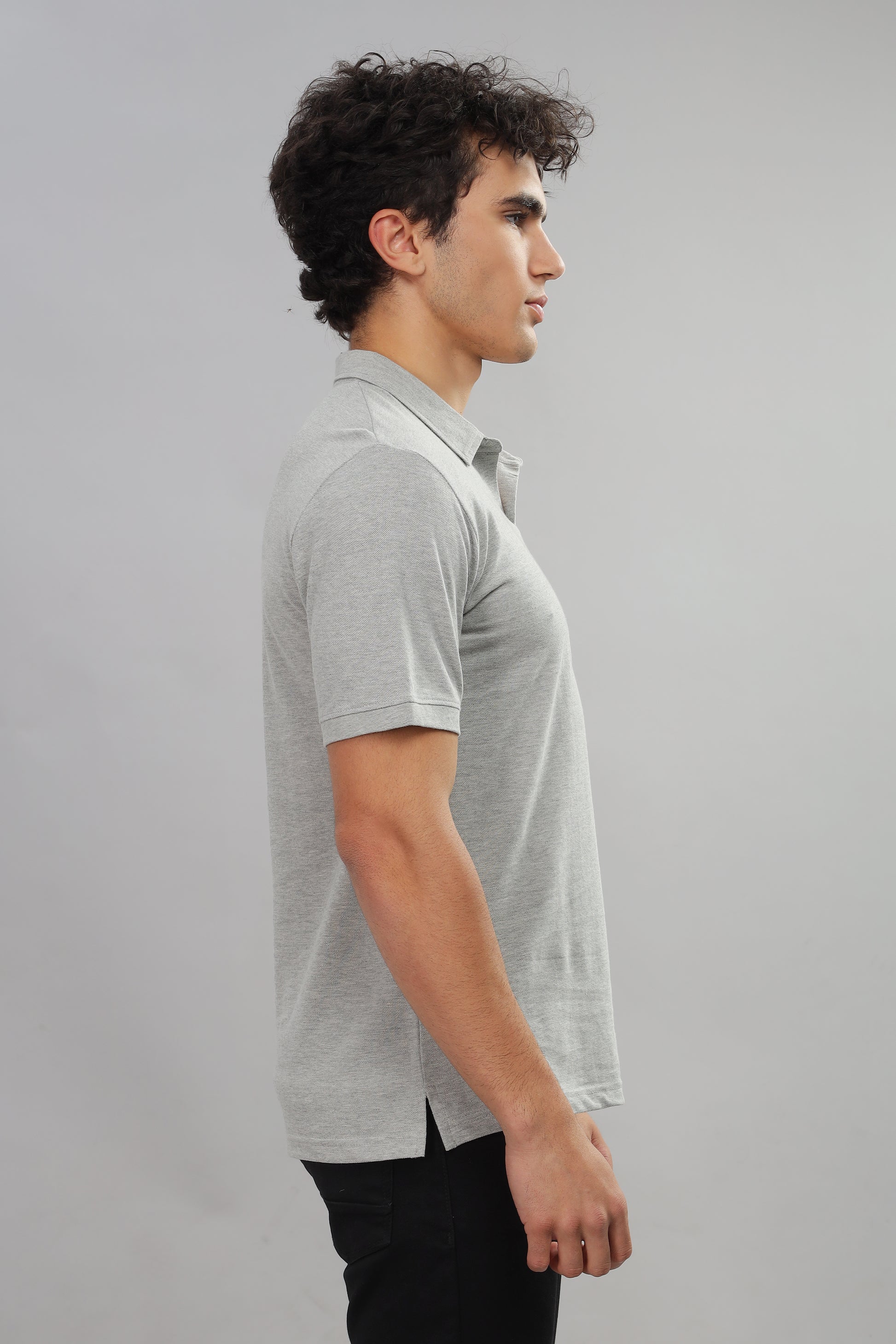 No-Button Grey Cotton Polo T-Shirt