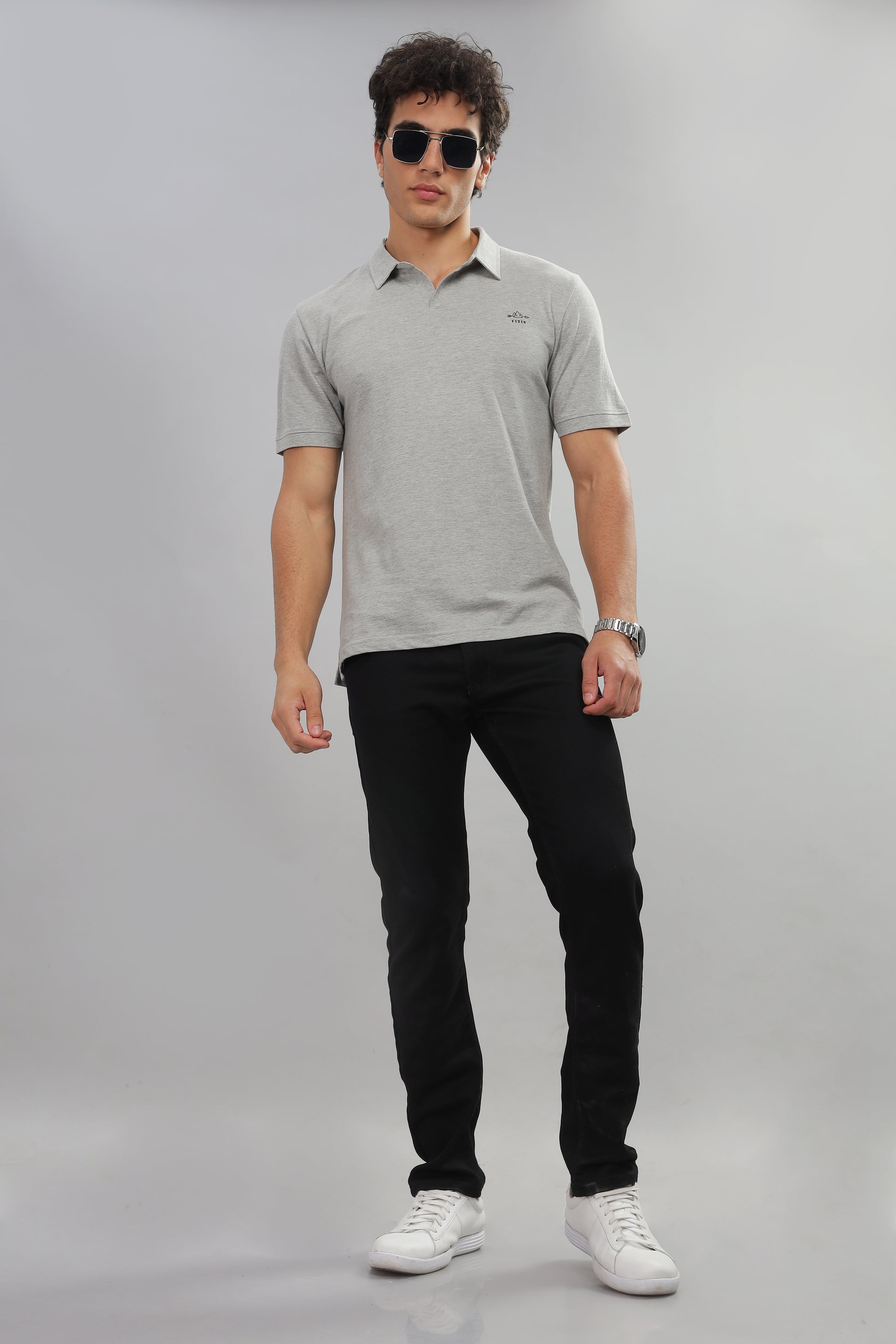 No-Button Grey Cotton Polo T-Shirt
