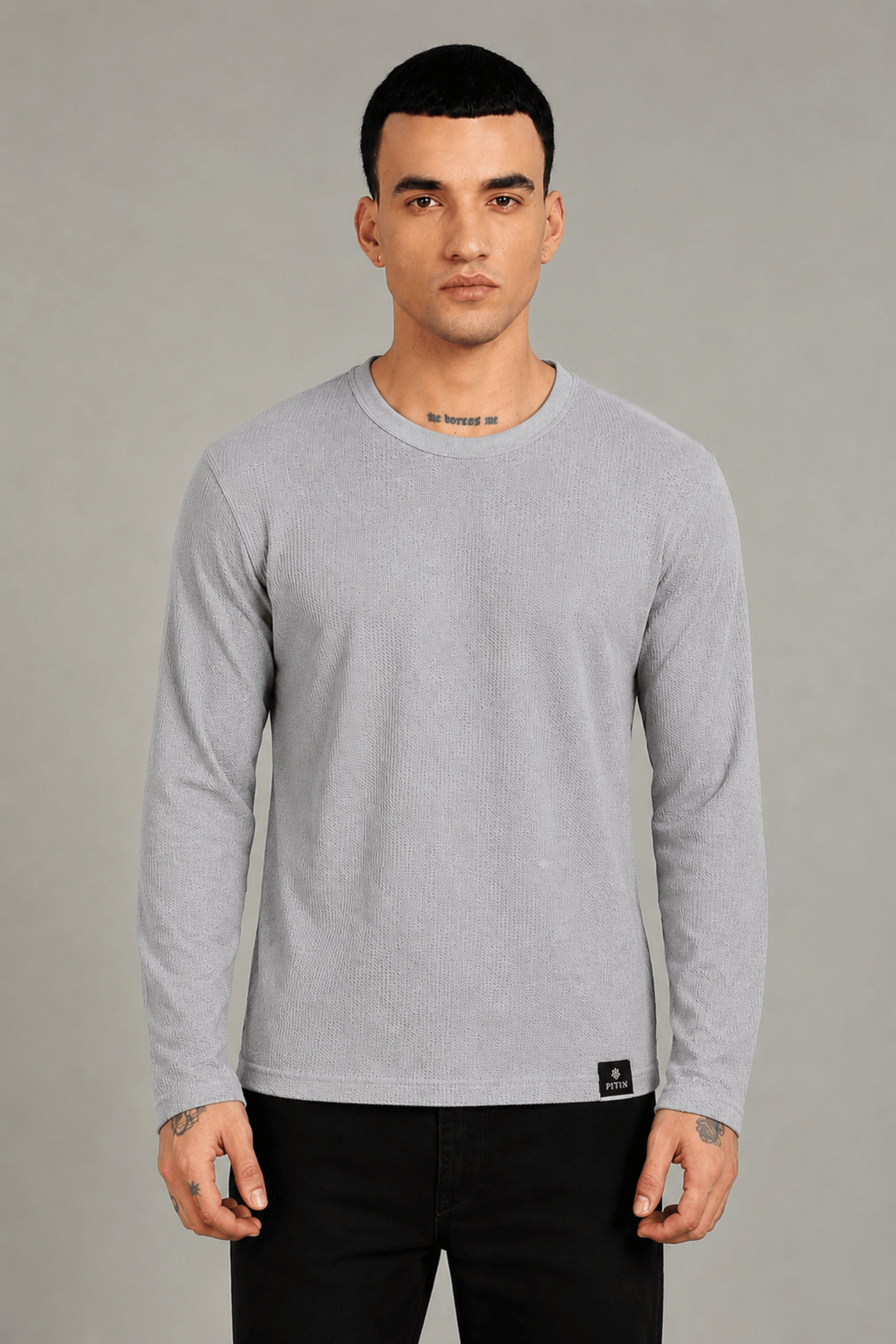 Grey Melange Textured Full Sleeve Tee