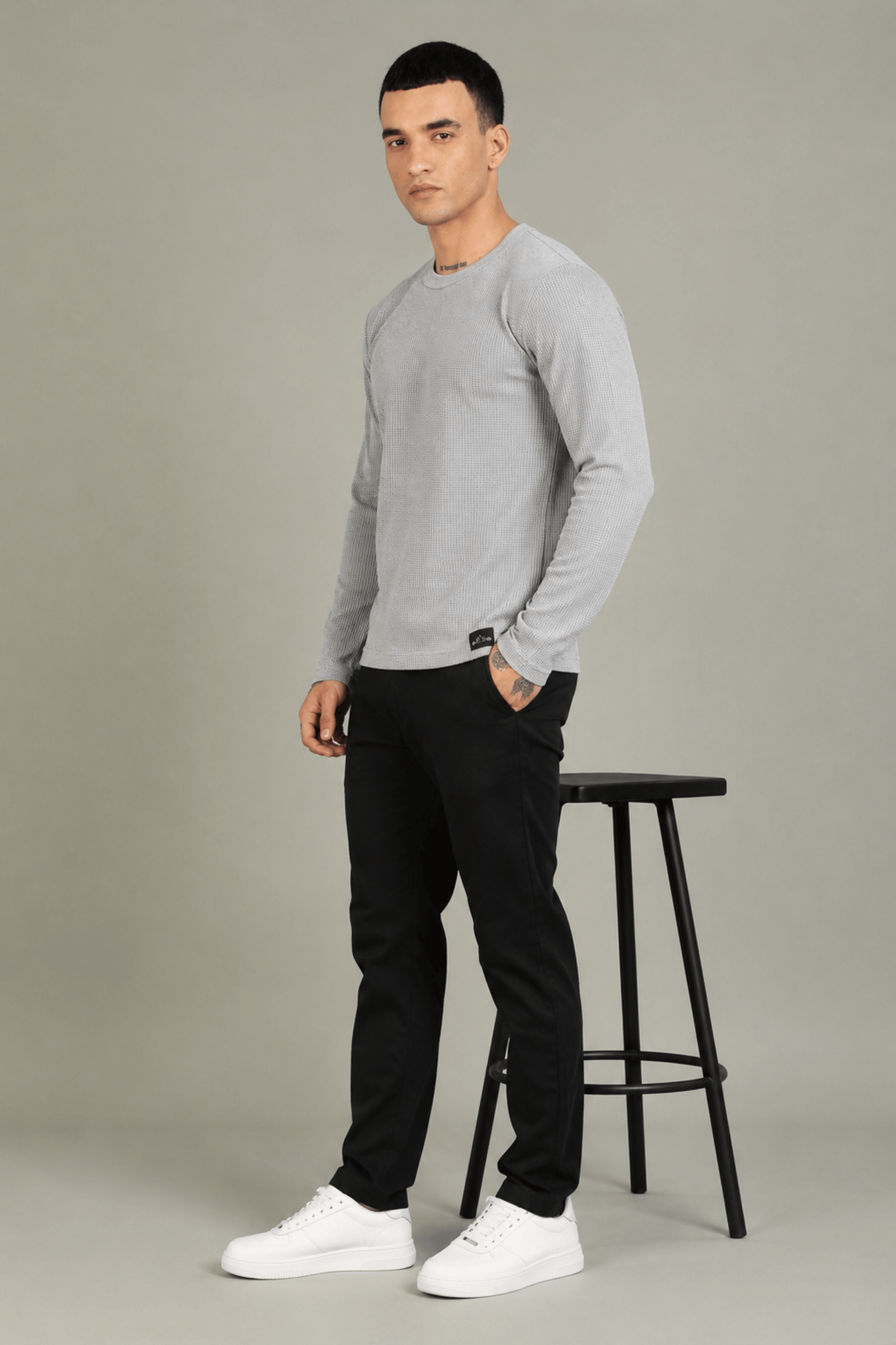 Grey Melange Textured Full Sleeve Tee