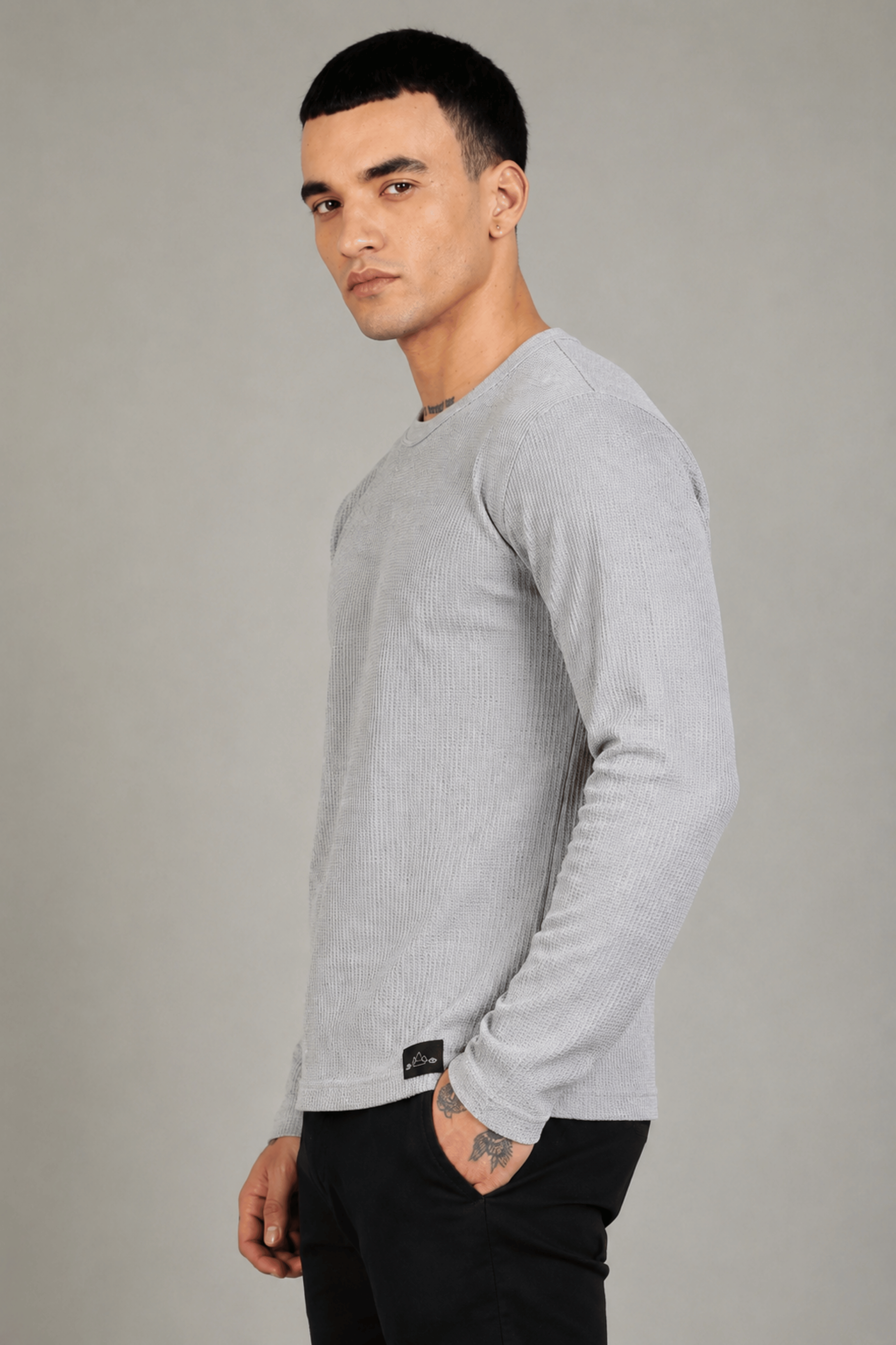 Grey Melange Textured Full Sleeve Tee