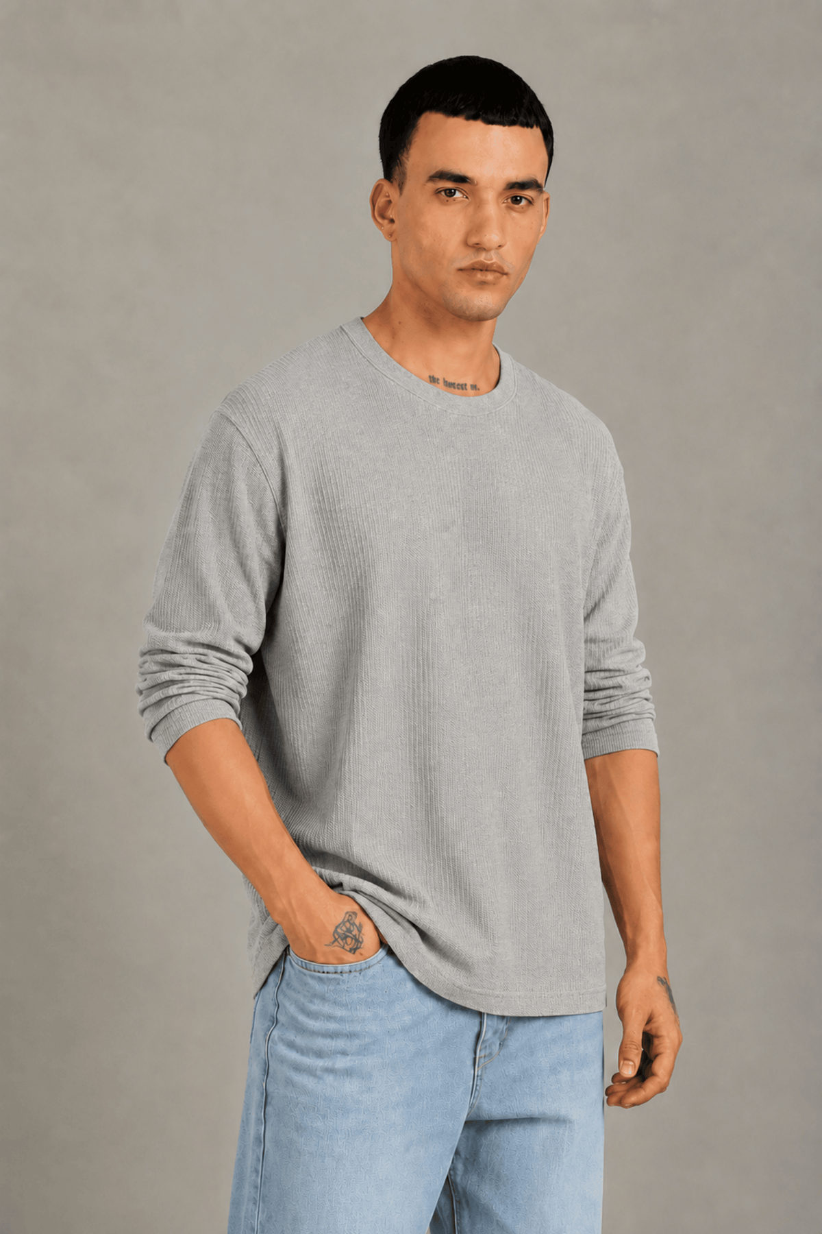 Grey Melange Textured Full Sleeve Tee