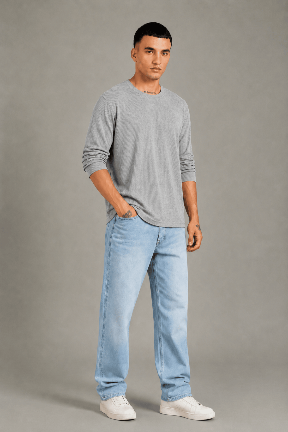 Grey Melange Textured Full Sleeve Tee