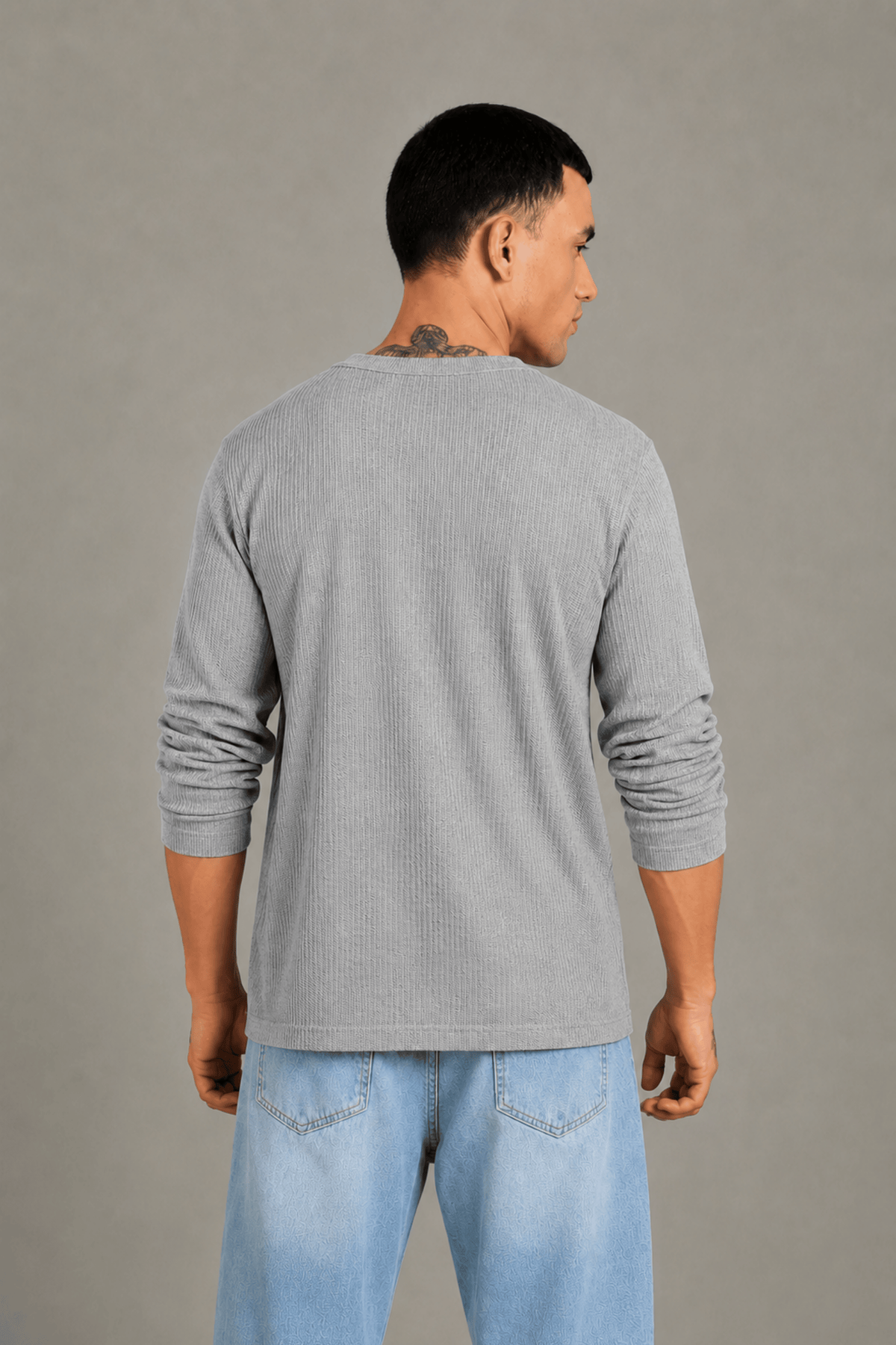 Grey Melange Textured Full Sleeve Tee