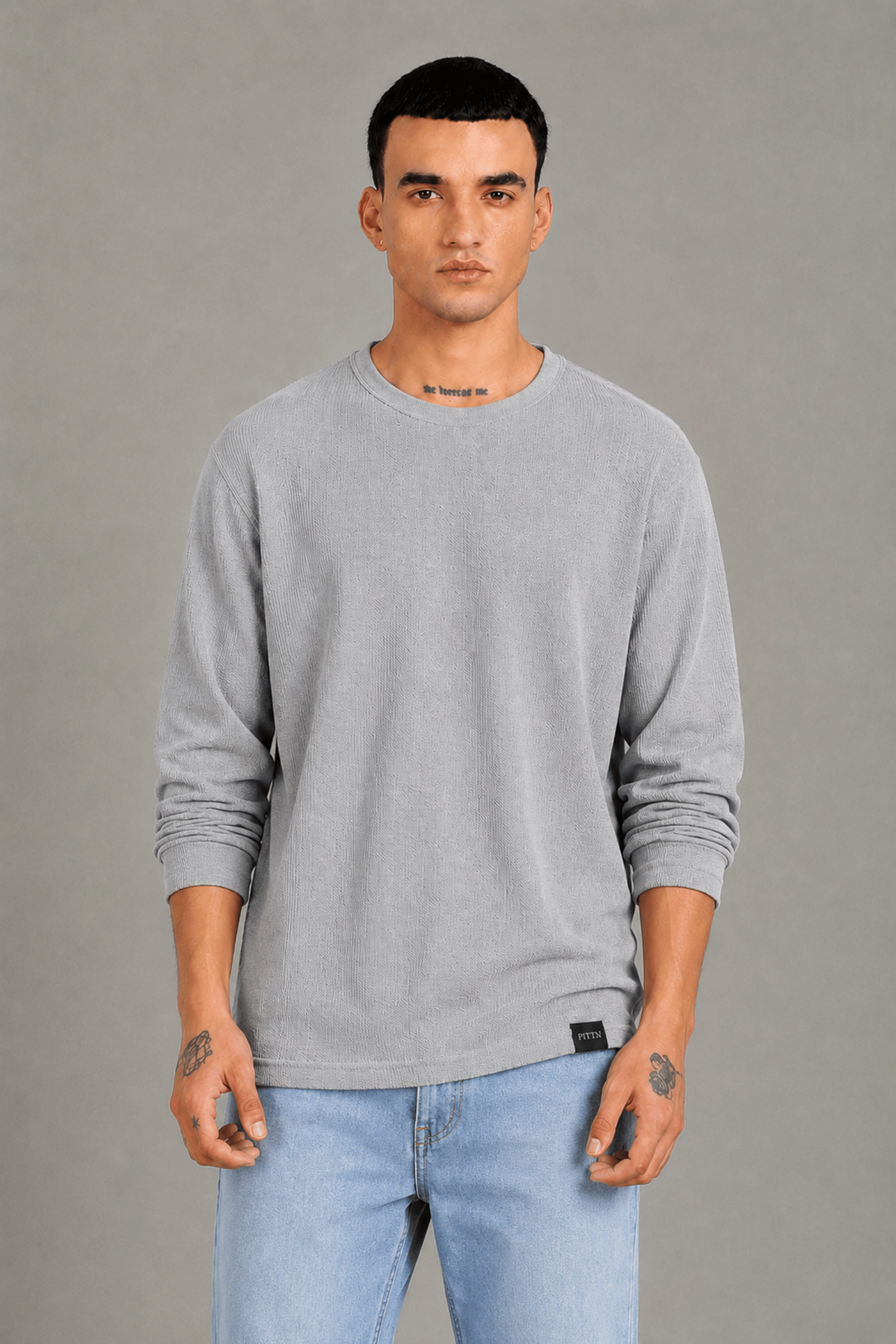 Grey Melange Textured Full Sleeve Tee