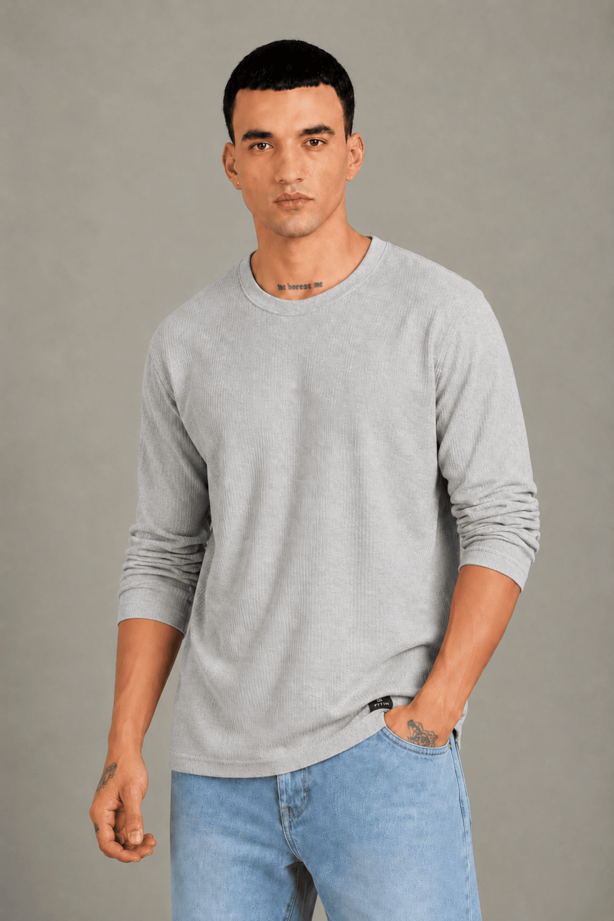 Grey Melange Textured Full Sleeve Tee