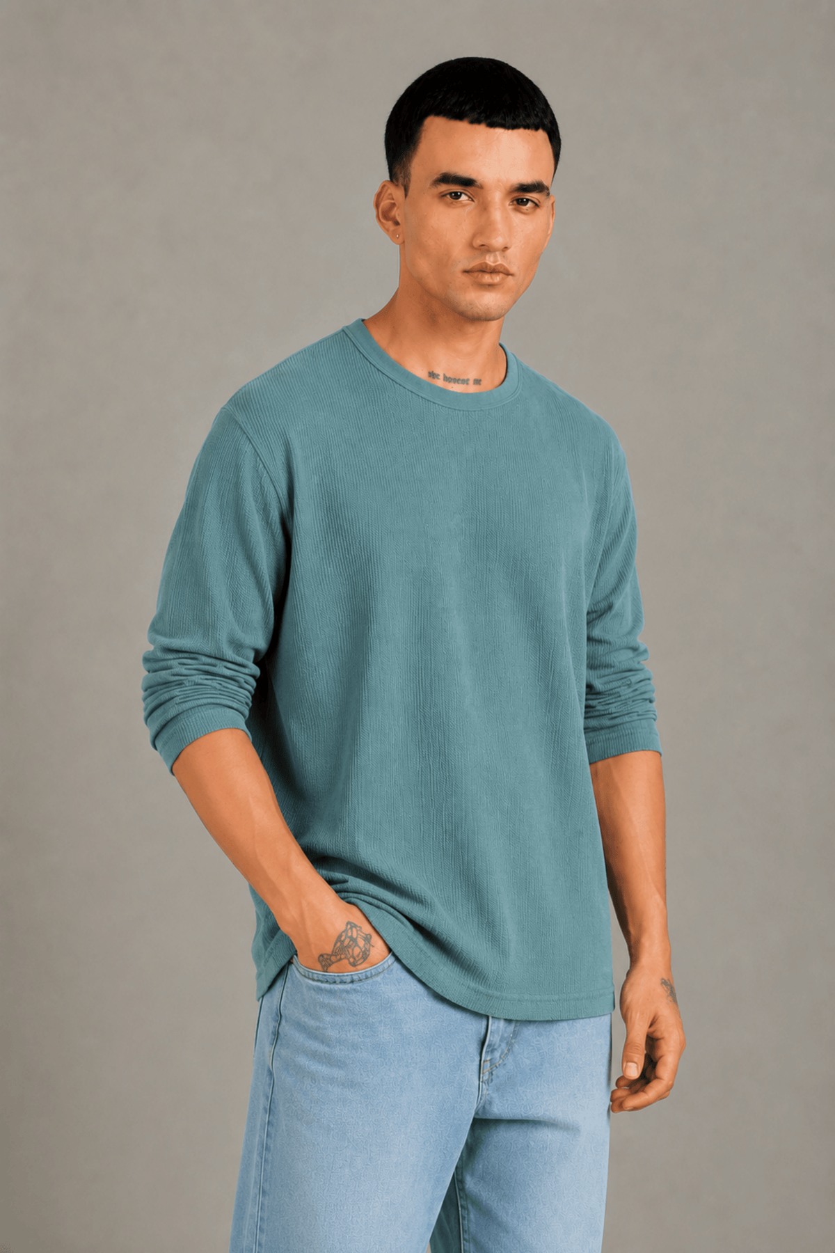 T.Blue Textured Full Sleeve Tee