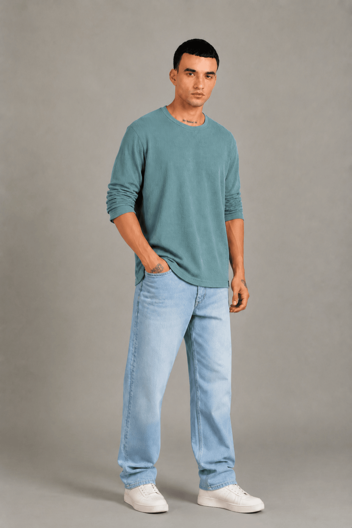 T.Blue Textured Full Sleeve Tee