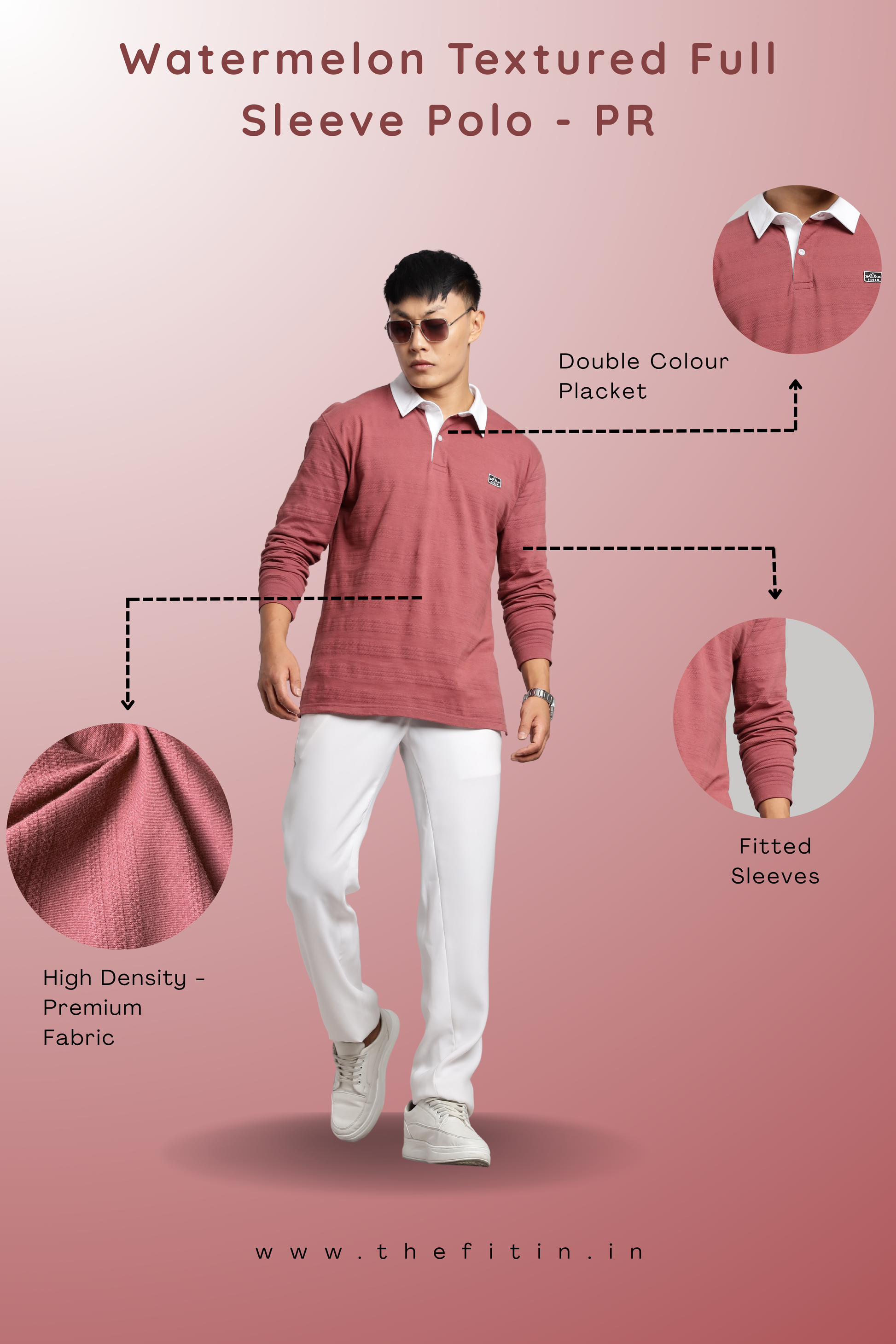 Watermelon Textured Full Sleeve Polo - PR